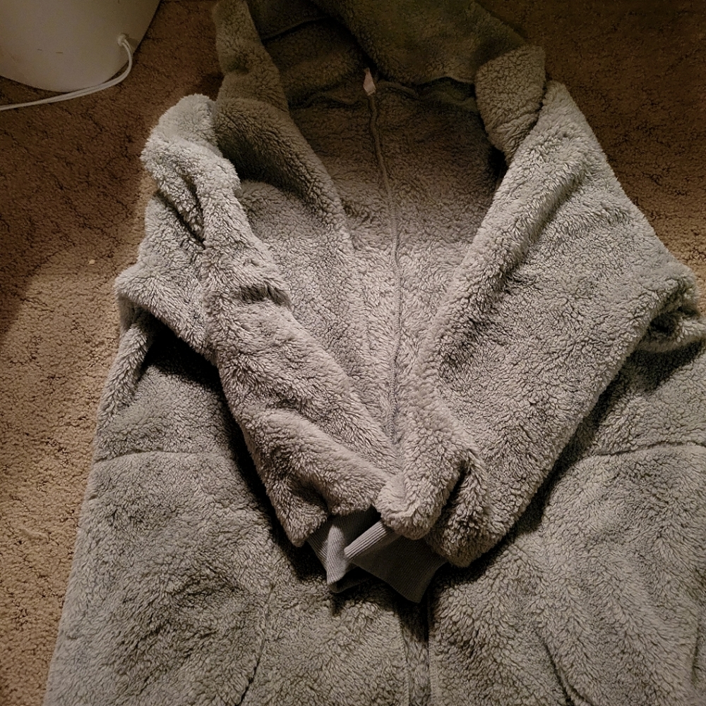 Long green fluffy hooded winter cardigan